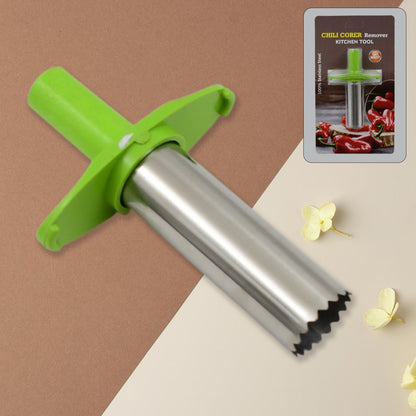 Stainless steel chili corer, perfect for preparing peppers and strawberries.