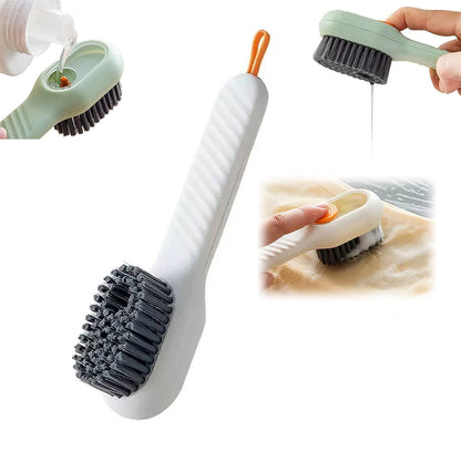 Ergonomic scrubbing brush with dispenser, showing comfortable non-slip handle.