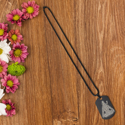 Mahadev Locket in stainless steel with intricate Shiva names engraving, displayed on a dark background.