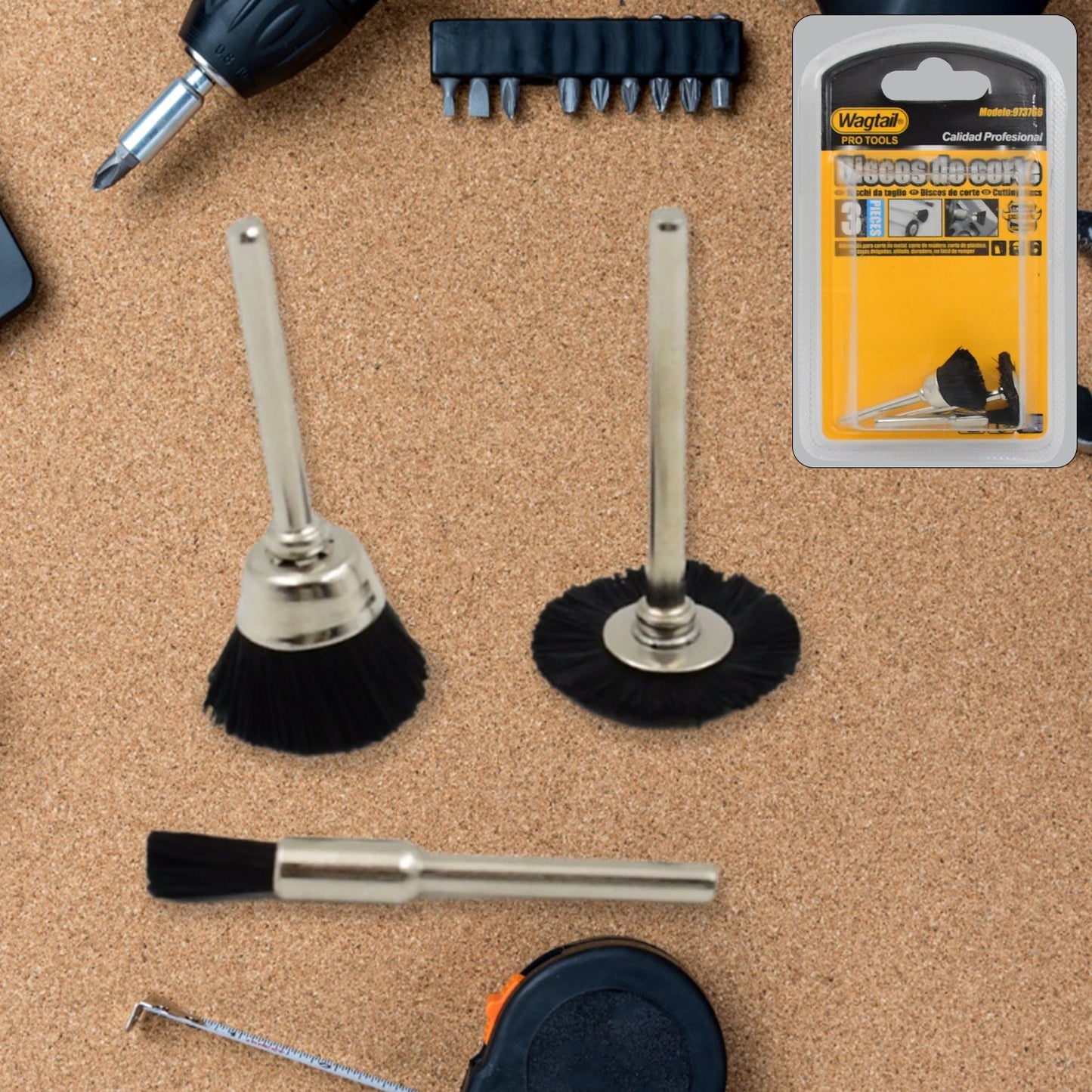 3-piece Brass Wire Wheels set for efficient rust removal and metal polishing.