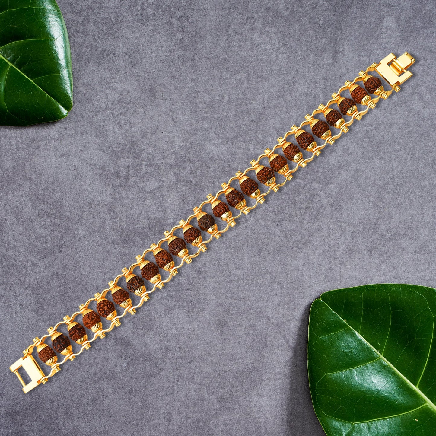 Close-up of a Golden Rudraksha Bracelet, highlighting the intricate bead details and golden accents.