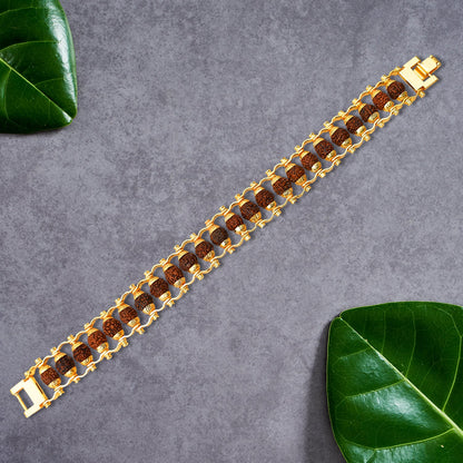 Close-up of a Golden Rudraksha Bracelet, highlighting the intricate bead details and golden accents.