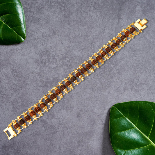 Close-up of a Golden Rudraksha Bracelet, highlighting the intricate bead details and golden accents.