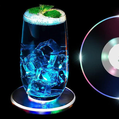 Round LED cocktail coaster switched on, displaying festive colorful lights.
