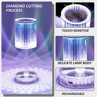 A clear view of the faceted acrylic crystal table lamp, ready for use.