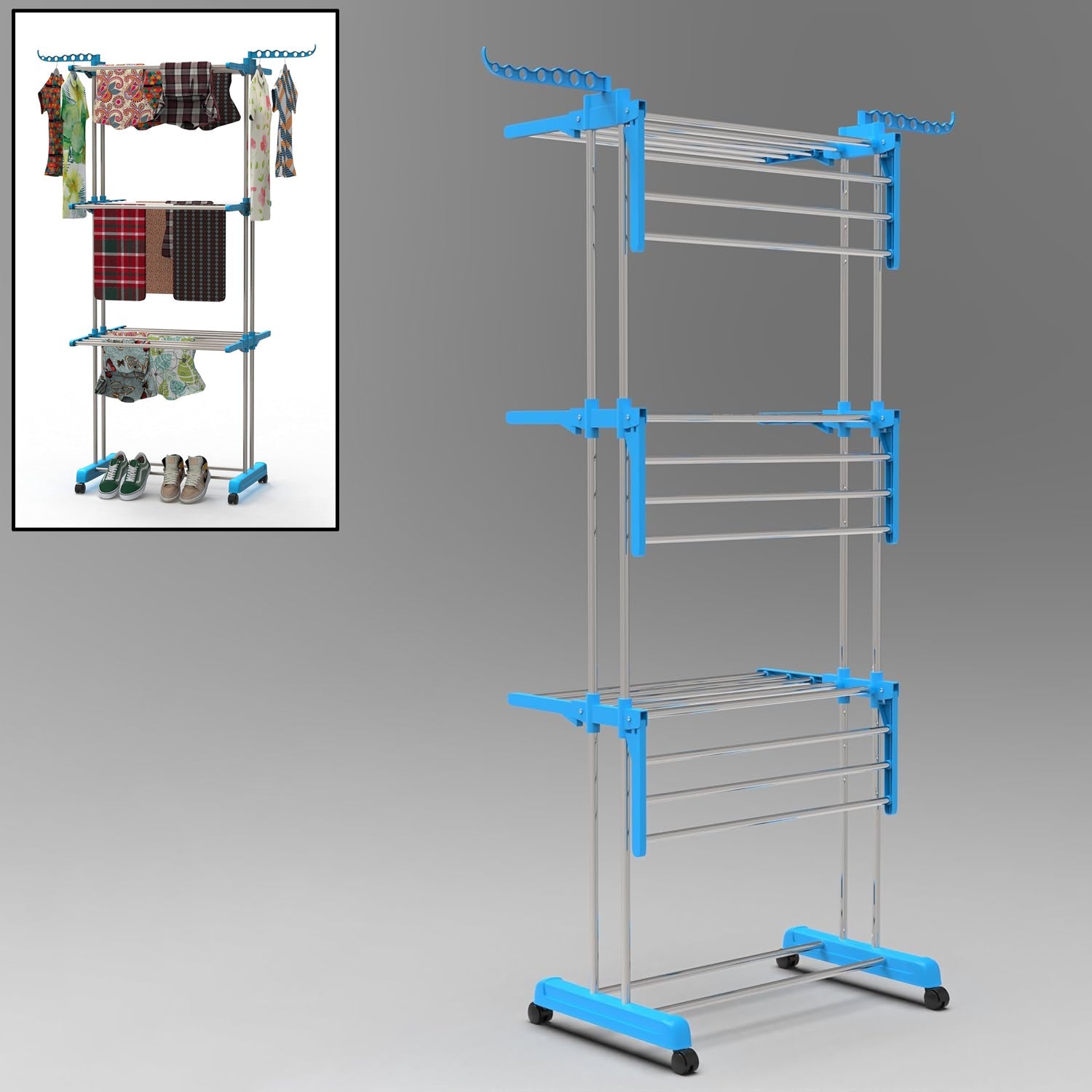 A sturdy stainless steel 3-layer cloth drying stand, fully extended and ready for use.