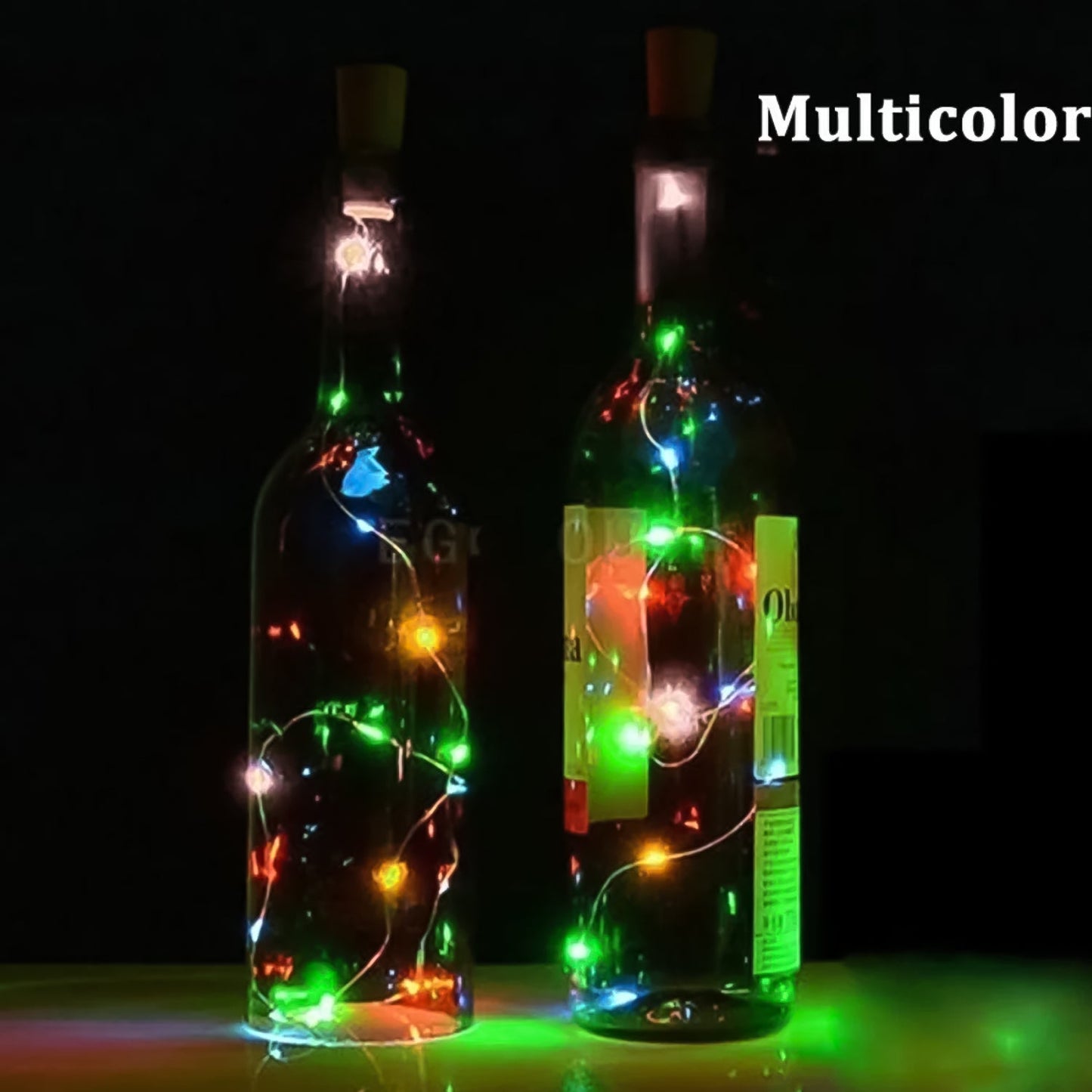 A single bottle cork light glowing brightly with various colors, ready for DIY bottle decor.