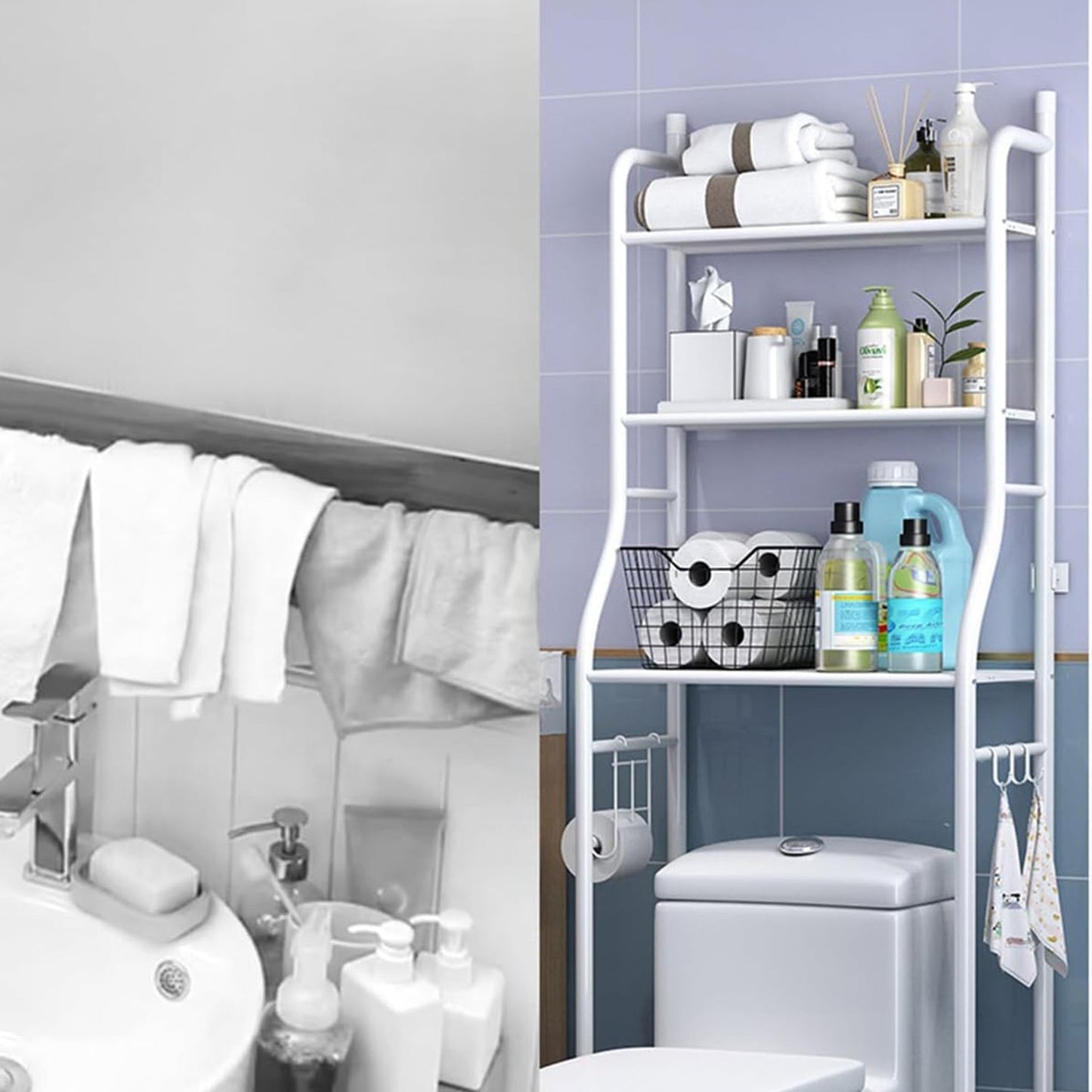 Multi-layer over toilet storage rack in a modern bathroom, showcasing its space-saving design.