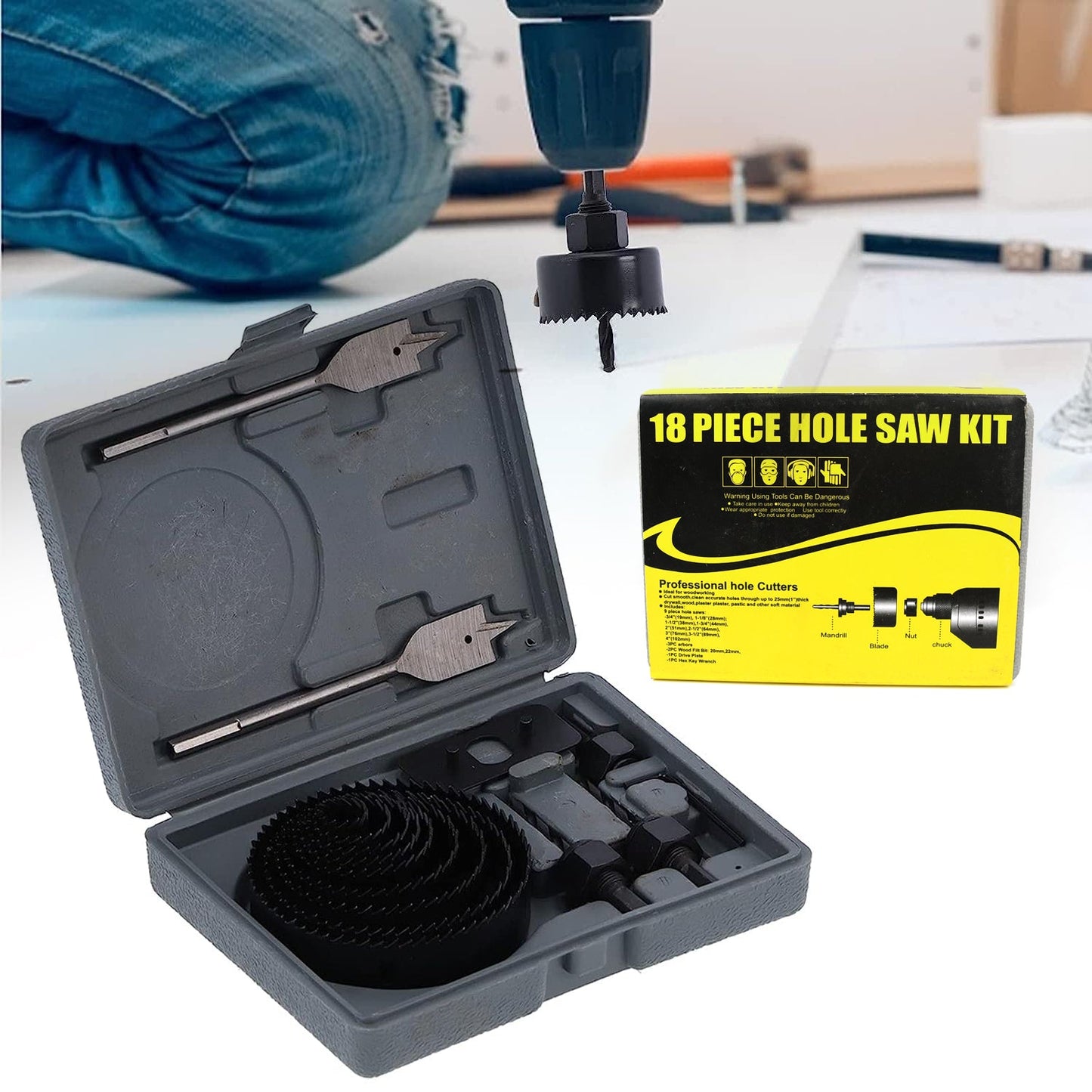 An 18-piece carbon steel Hole Saw Kit with various sizes and mandrels displayed in its organized storage case.