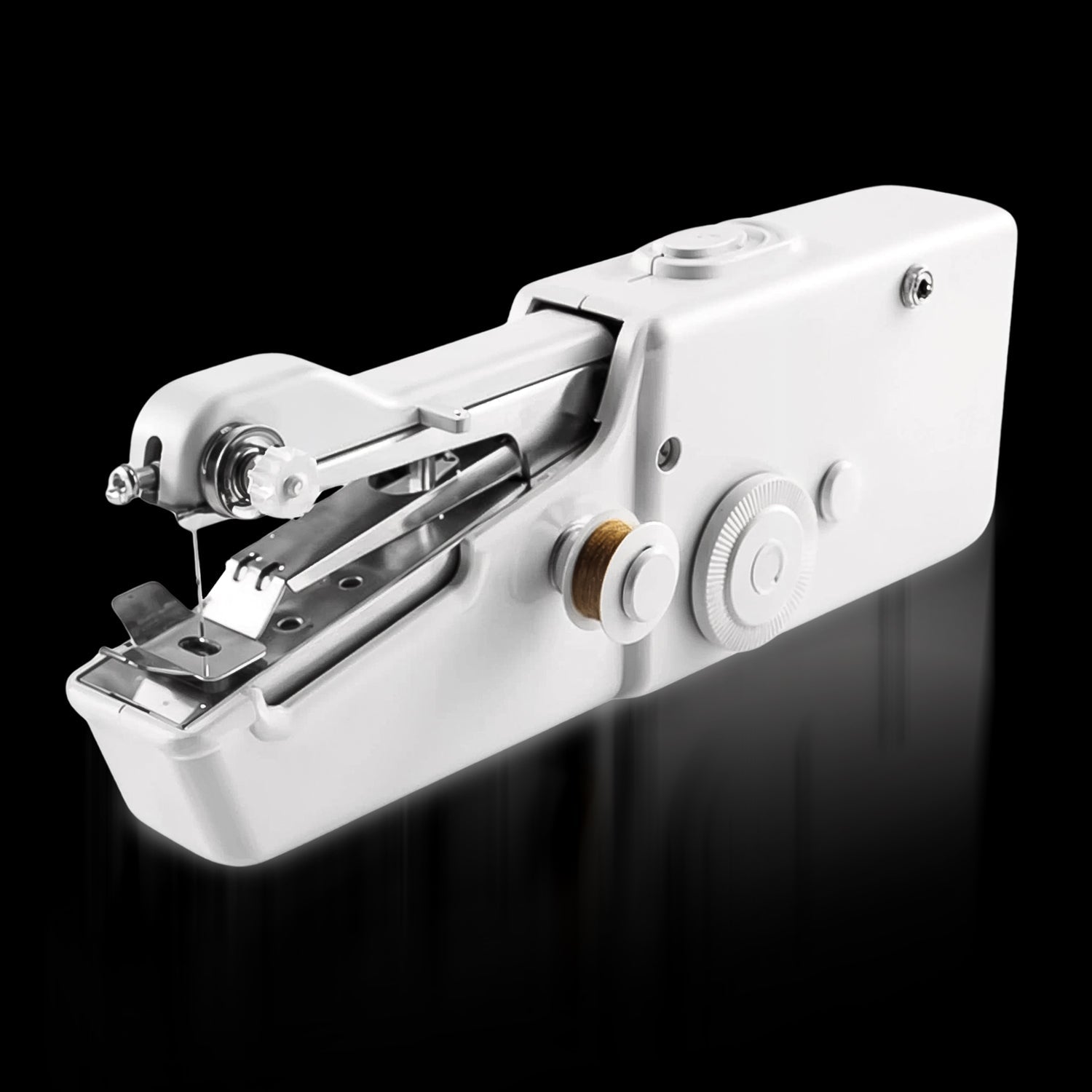 mini electric sewing machine in use, demonstrating its handheld design.