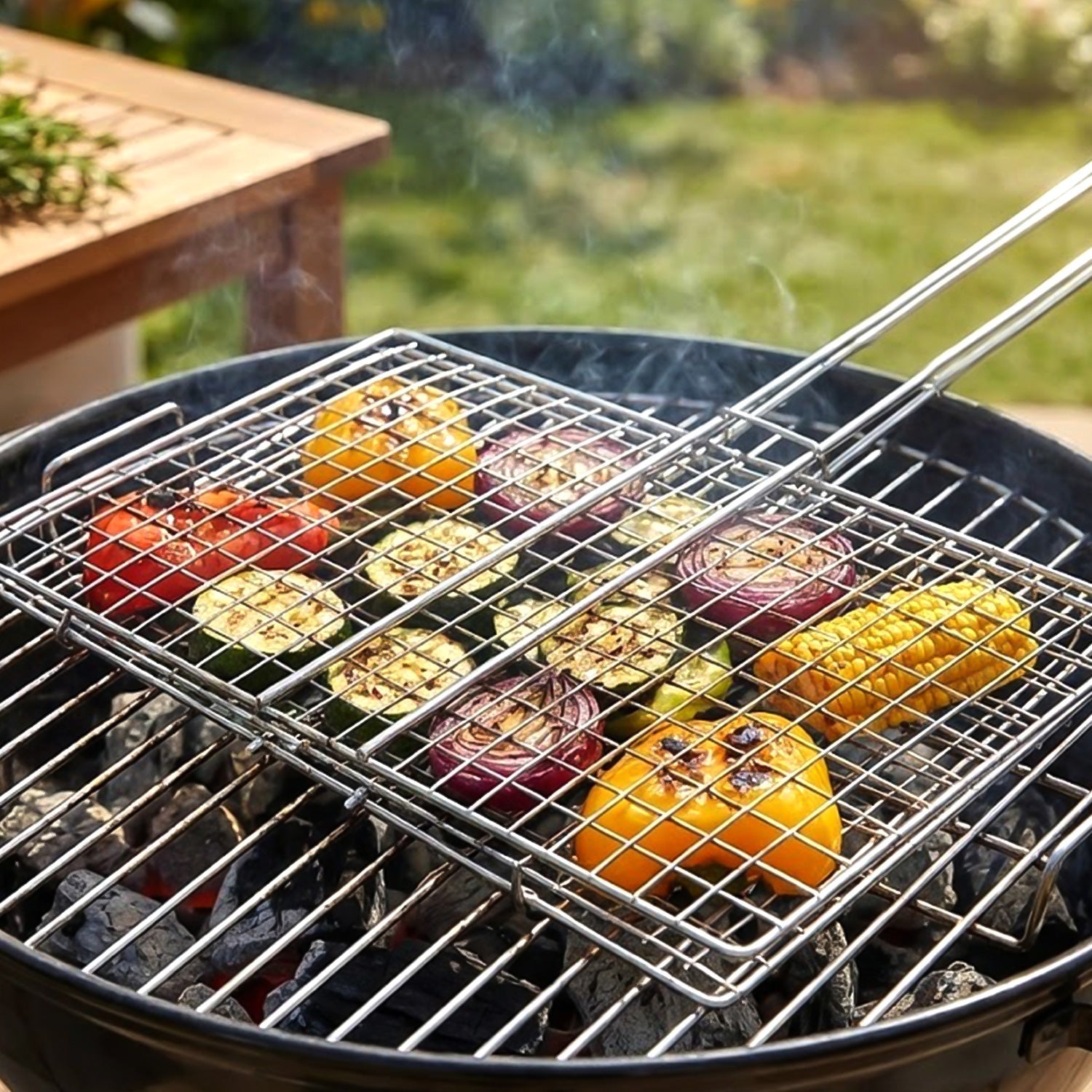Close-up of rectangular mesh grill basket for even heat distribution