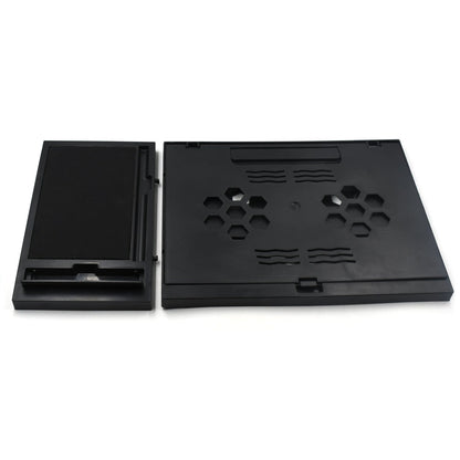 Compact foldable laptop stand with phone holder, ideal for desk and travel.