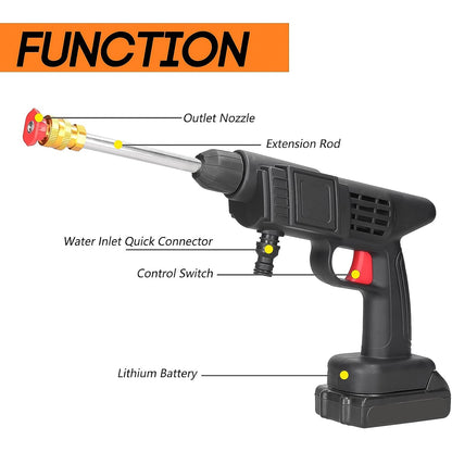 Ergonomic design of the Carivox wireless car washer gun held in hand.