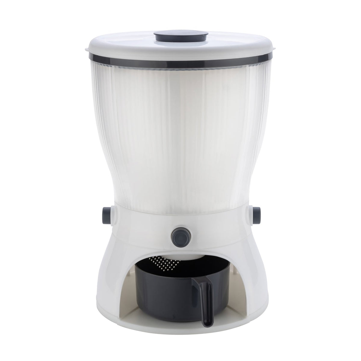 Detailed view of the easy-to-use push-button dispensing mechanism on the rice dispenser.