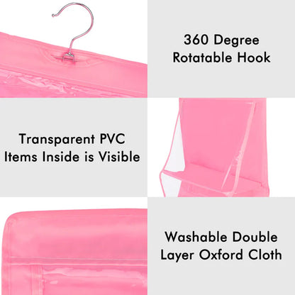 Front view of the transparent hanging bag organizer, displaying six individual compartments.