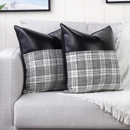 Lifestyle image of the Leather & Cotton Pillow Covers enhancing a modern living room sofa.