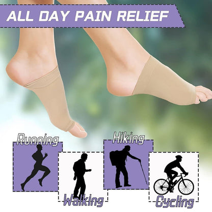 A person wearing Arch Support Sleeves inside their shoes, demonstrating comfortable integration.