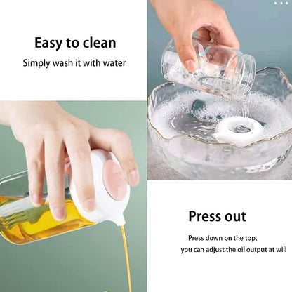 Oil dispenser bottle showcasing the easy-to-use silicone basting brush.
