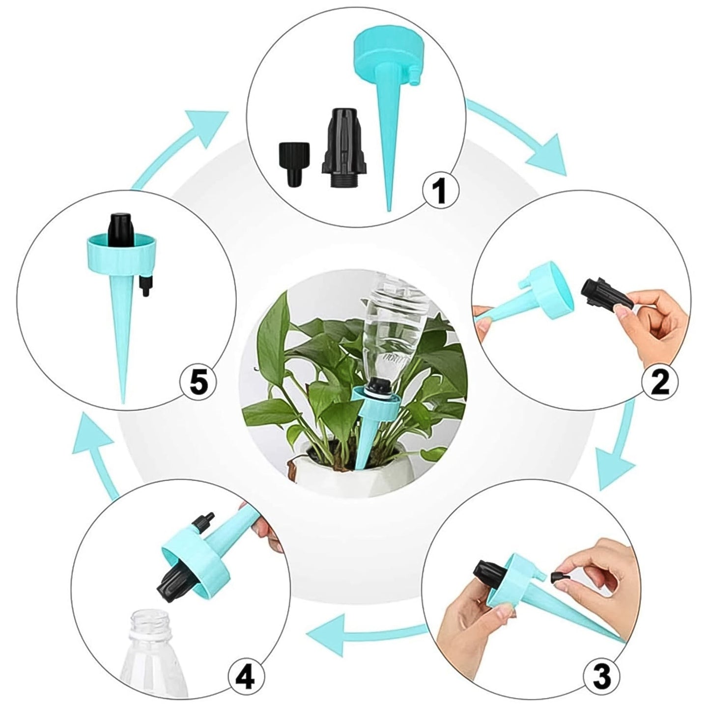 Close-up of an automatic houseplant watering system showing easy bottle attachment and flow control.