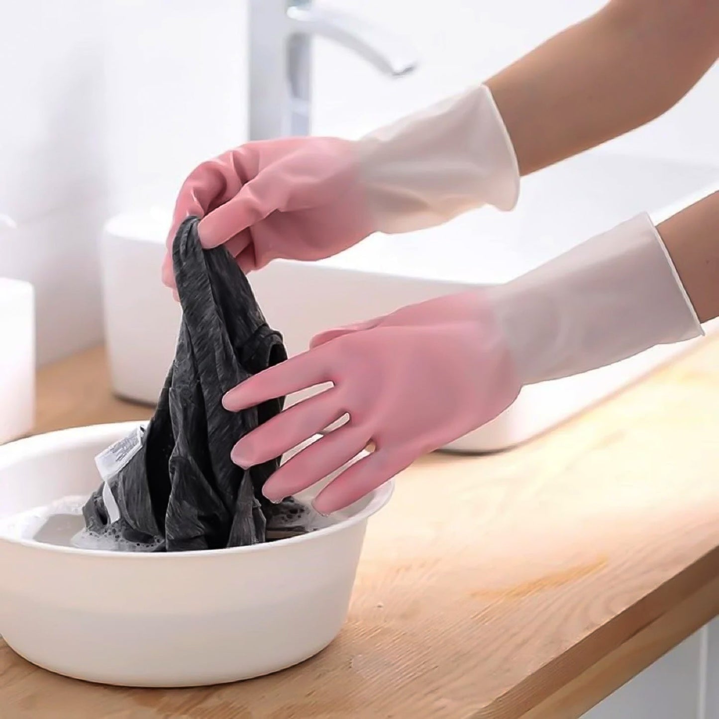 Close-up of anti-slip textured palm on waterproof cleaning gloves