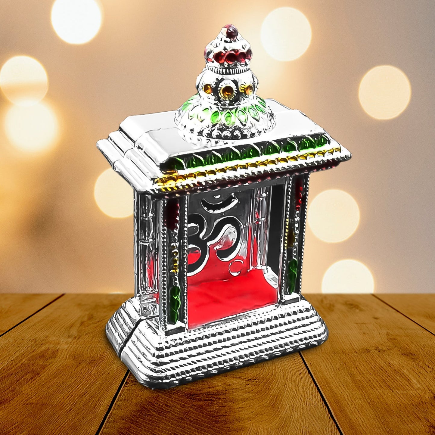 Compact Om Temple with secure adhesive for easy placement.