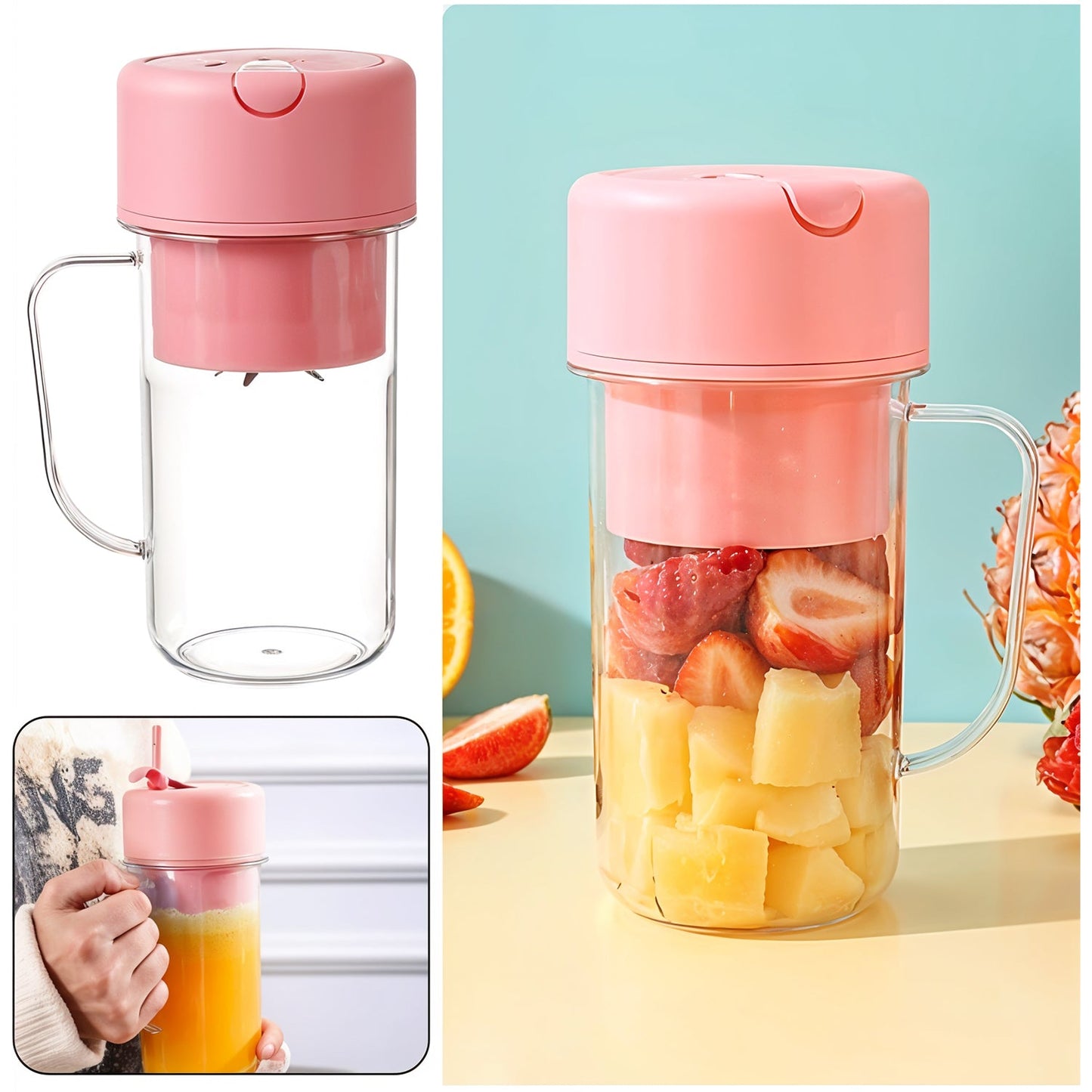 The portable USB juicer displayed alongside fresh ingredients like fruits.