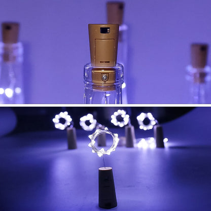A glowing wine bottle cork string light with multi-color LEDs, perfect for festive decor.