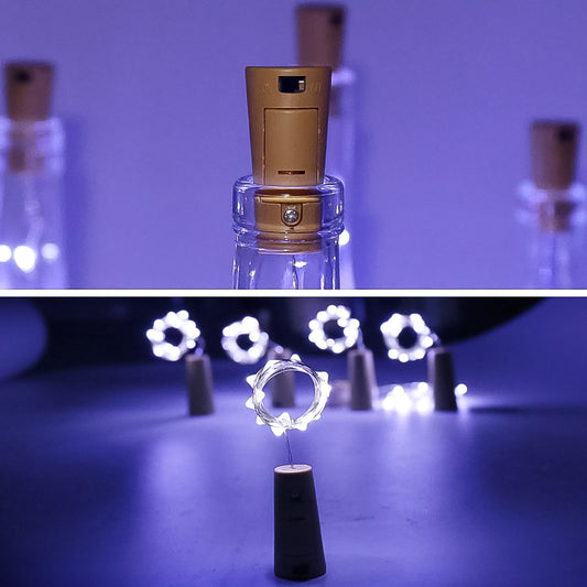 A glowing wine bottle cork string light with multi-color LEDs, perfect for festive decor.
