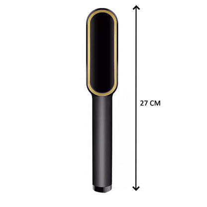 Hair straightener displaying temperature control buttons and LED readout.