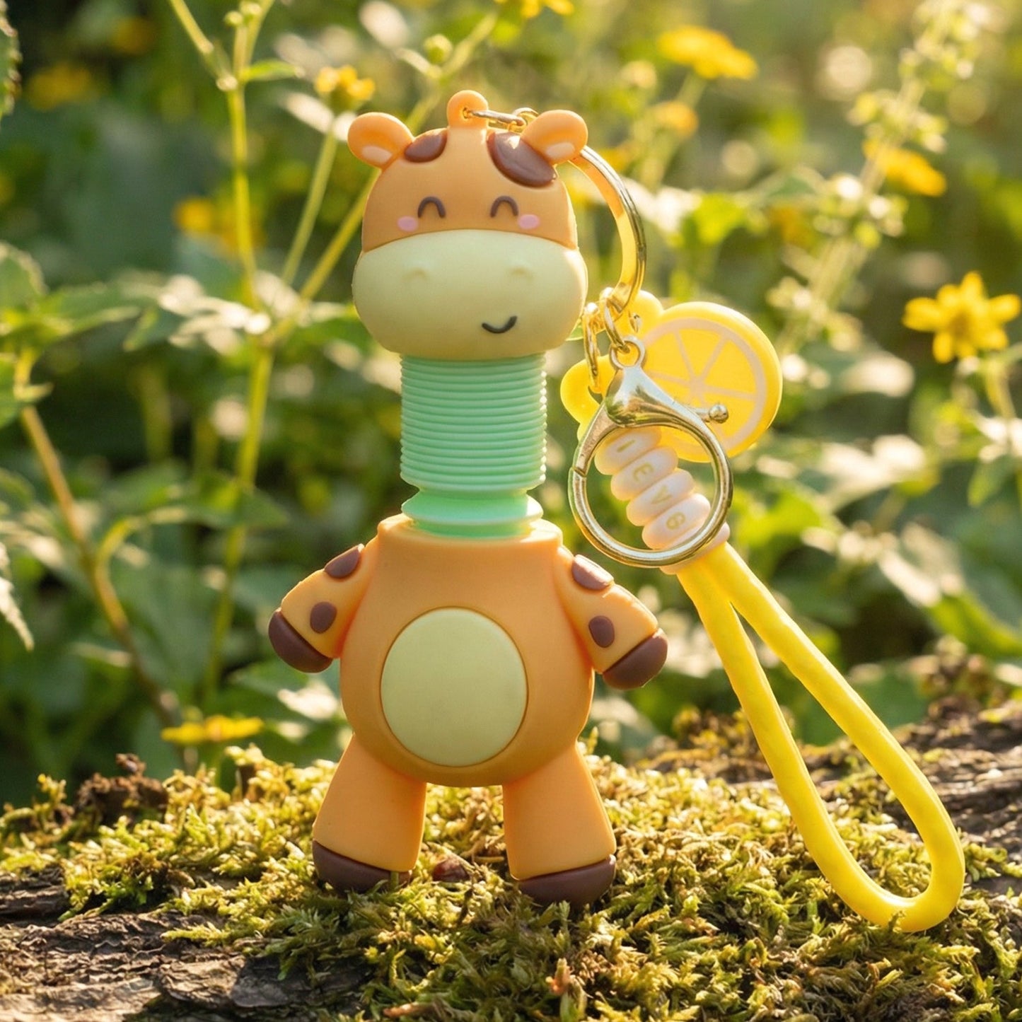 Giraffe keychain focusing on polished smooth surface finish