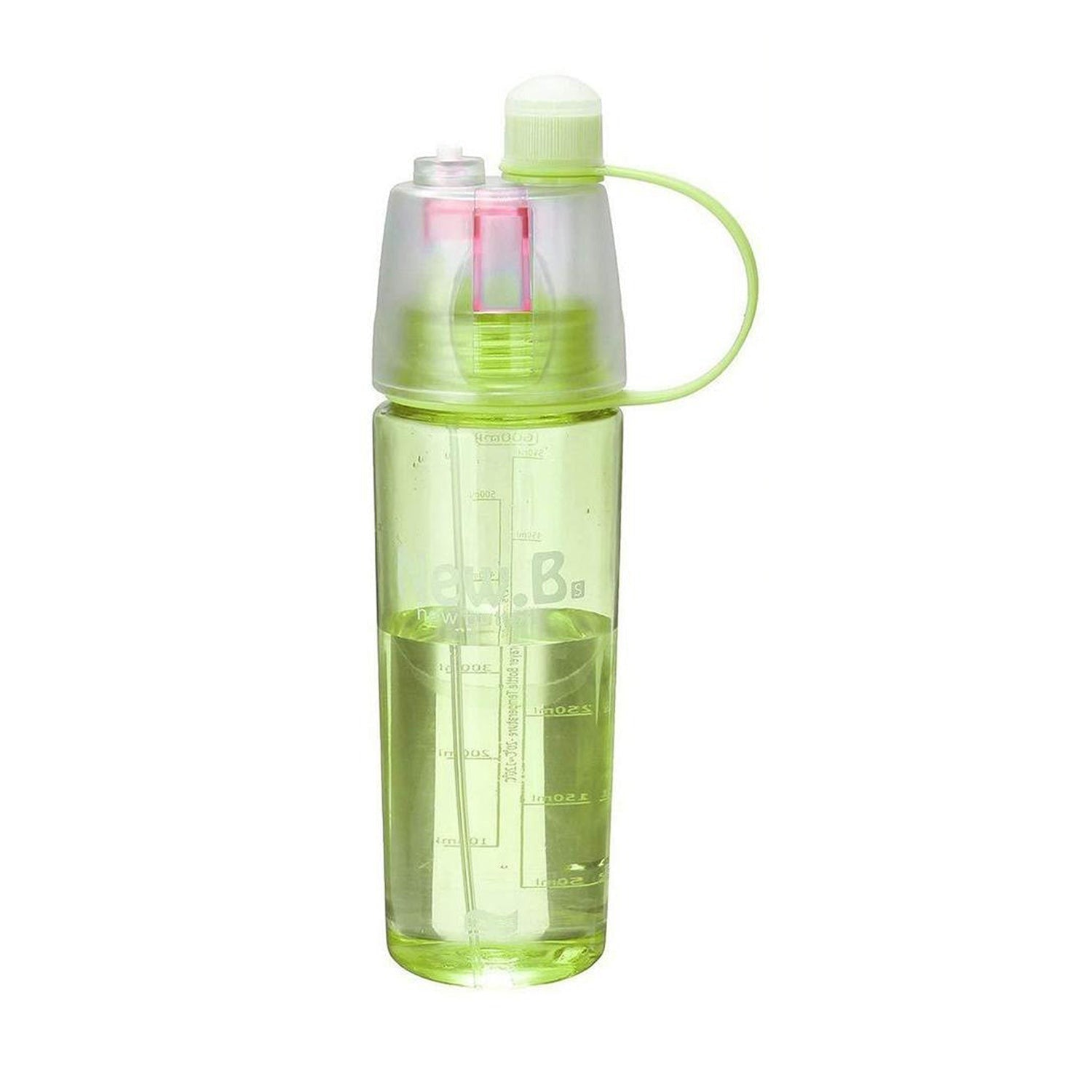 Close-up of the blue 600ML spray water bottle, highlighting its sleek design and BPA-free material.
