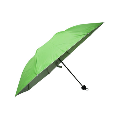 A green foldable umbrella with a black handle is open against a plain white background.