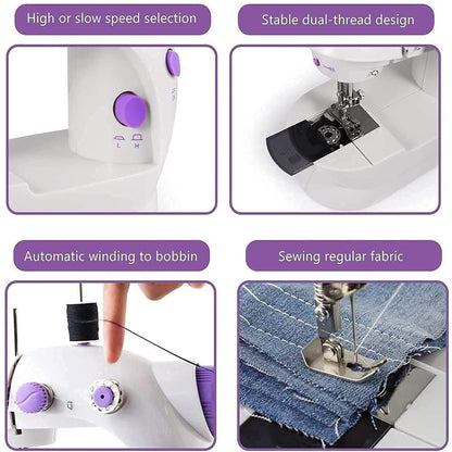 Side angle view of the electric sewing machine, demonstrating its sleek design.