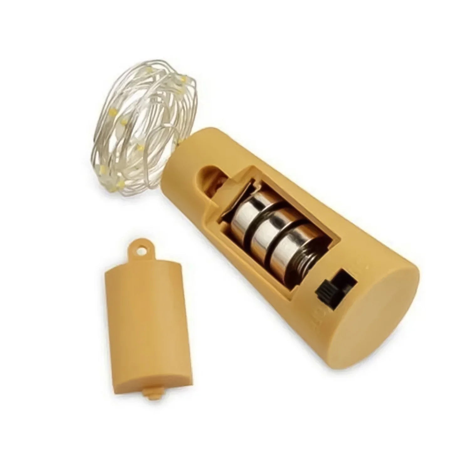 Multiple wine bottles glowing with cork string lights, arranged for a party setting.