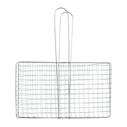 Grill basket flipped during outdoor barbecuing for easy handling