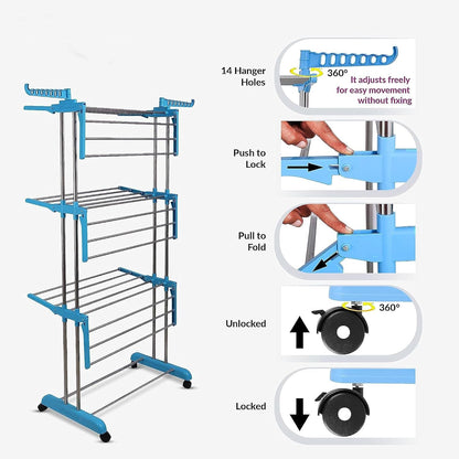 A close-up of clothes drying on the multi-tier laundry rack, highlighting its capacity.