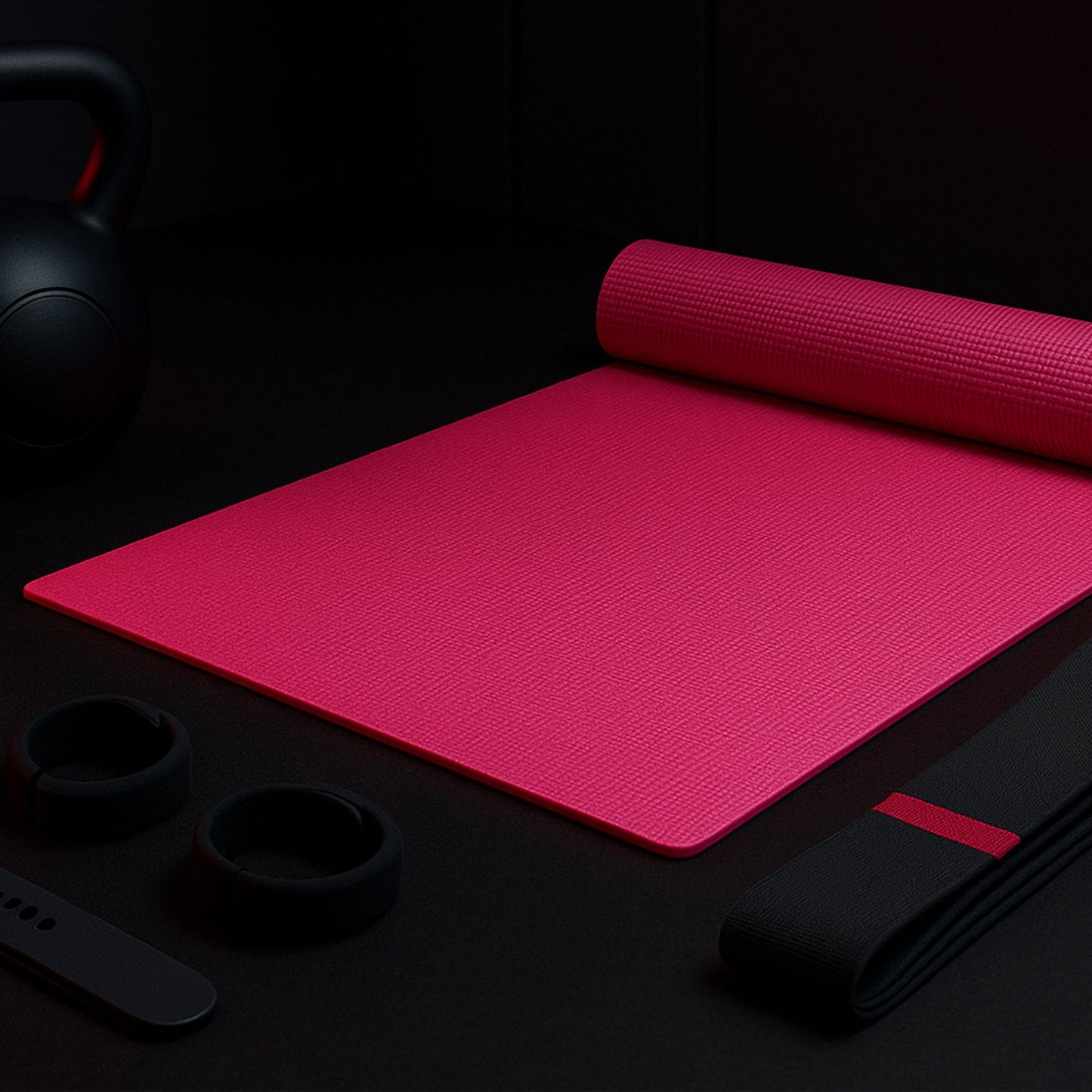 Yoga mat rolled up with a carrying strap, ready for travel.