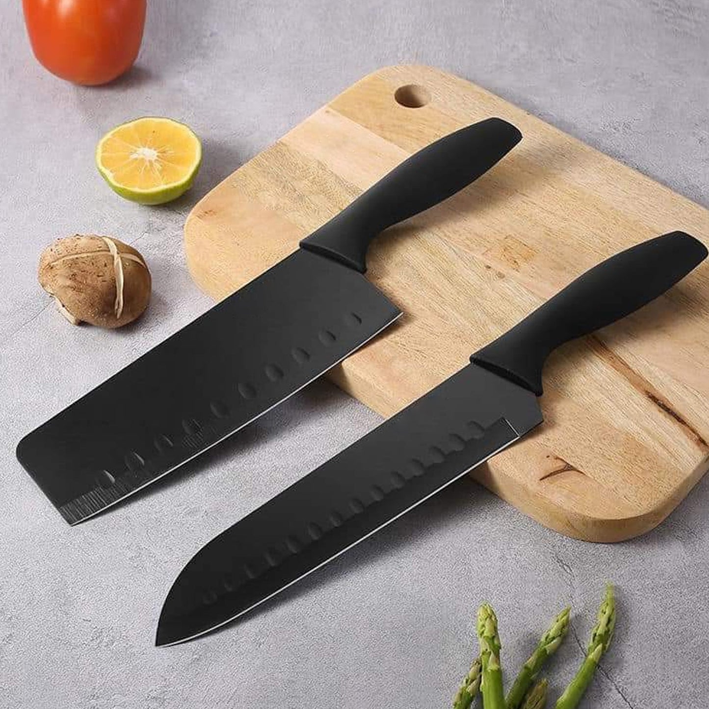 Full view of the complete 5-piece stainless steel kitchen knife set.