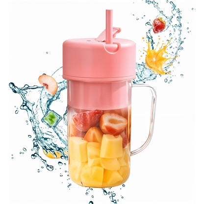 Portable USB juicer shown with various fruits ready for blending.