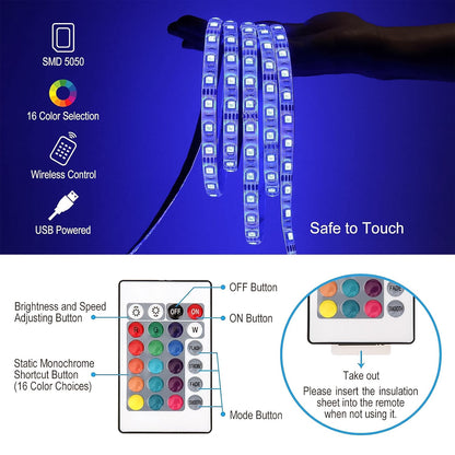 RGB LED strip lights creating a dynamic mood lighting effect behind a TV.
