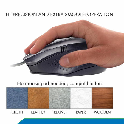 Ergonomic design of the wired optical mouse, showing its comfortable grip for daily use.