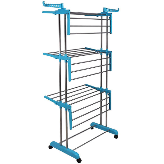 Clothes drying stand with laundry, showing ample space on three tiers.