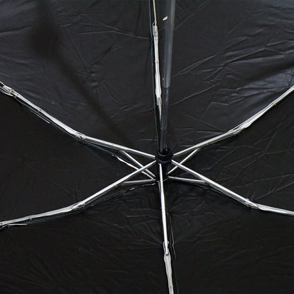 The interior of a black umbrella reveals its silver metal spokes and central mechanism.