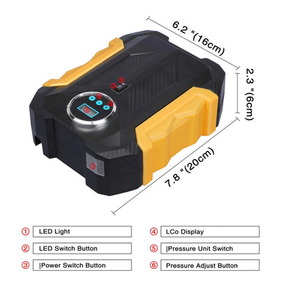 Handheld digital air pump for car and bike tyre maintenance.
