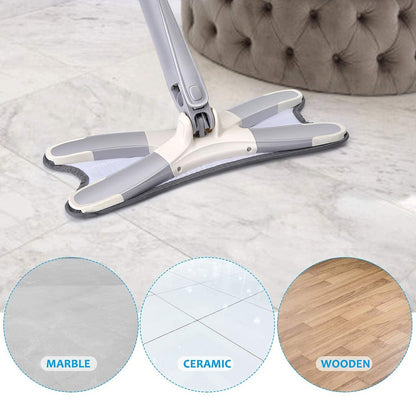 The adjustable Flat Mop handle extended for cleaning a high window or wall.