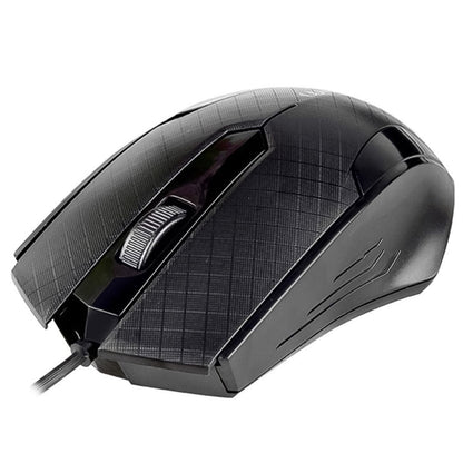Comfortable wired optical mouse with an ergonomic design for extended use.