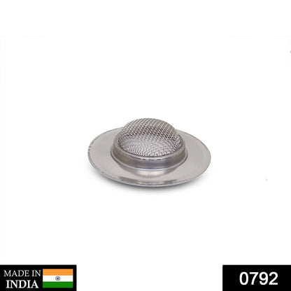 Close-up of the stainless steel sink strainer showing fine mesh for superior drainage.