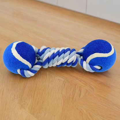 Brightly colored cotton rope dog toy with sound feature for engaging pets.