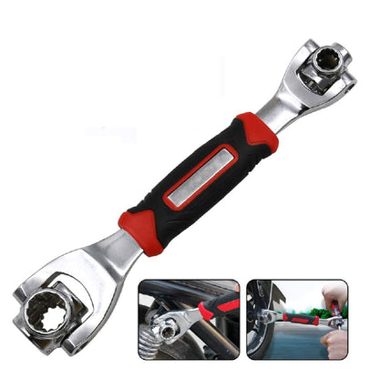 Close-up of the versatile 48-in-1 universal socket wrench addressing various bolt types.