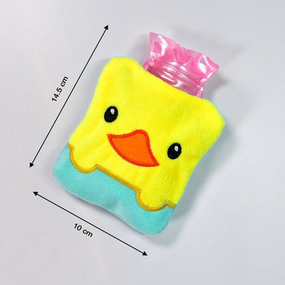 Mini hot water bottle with a charming yellow duck cover for kids and adults.